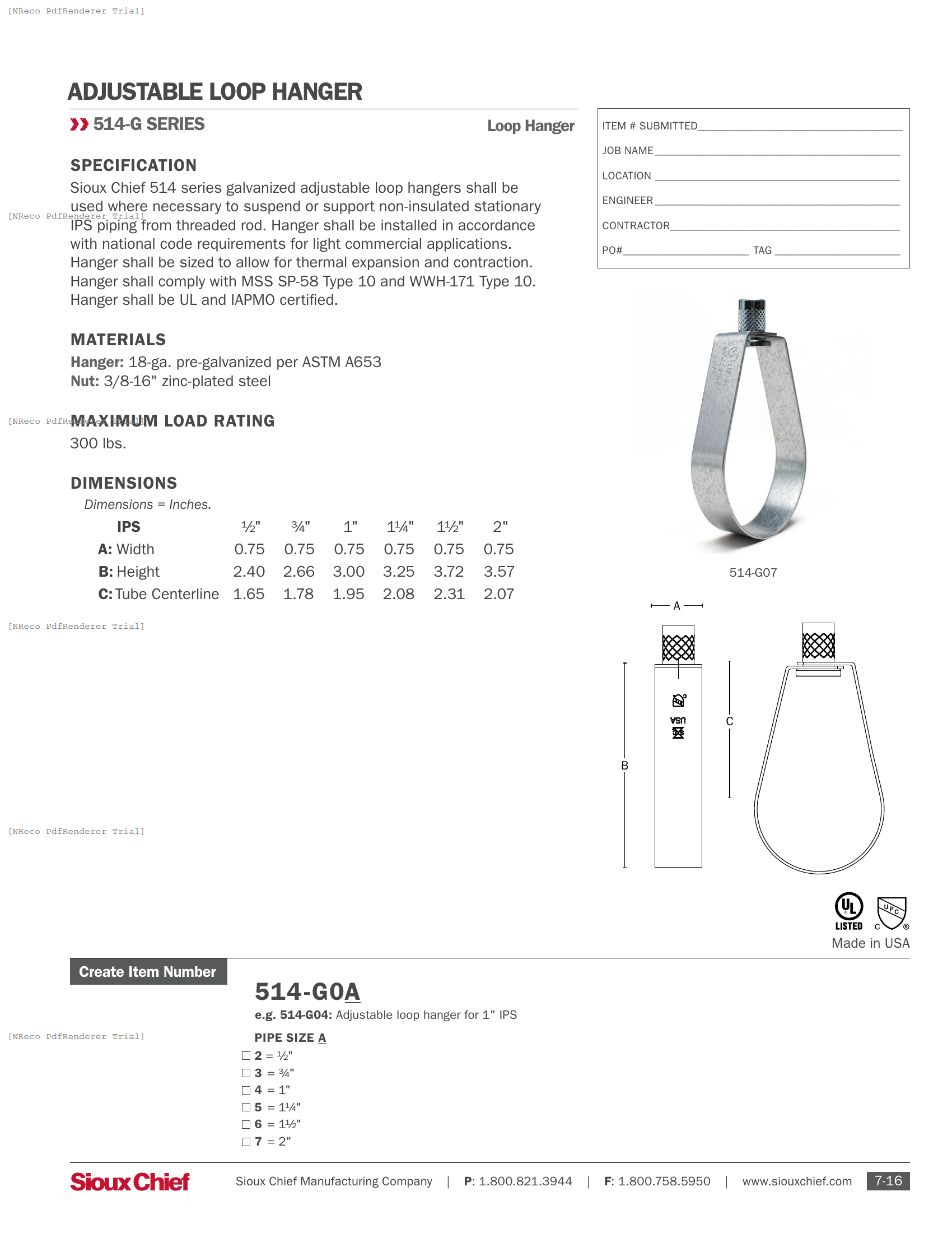 514-G  SERIES - LOOP HANGER - SPEC SHEET.PDF Specification Document